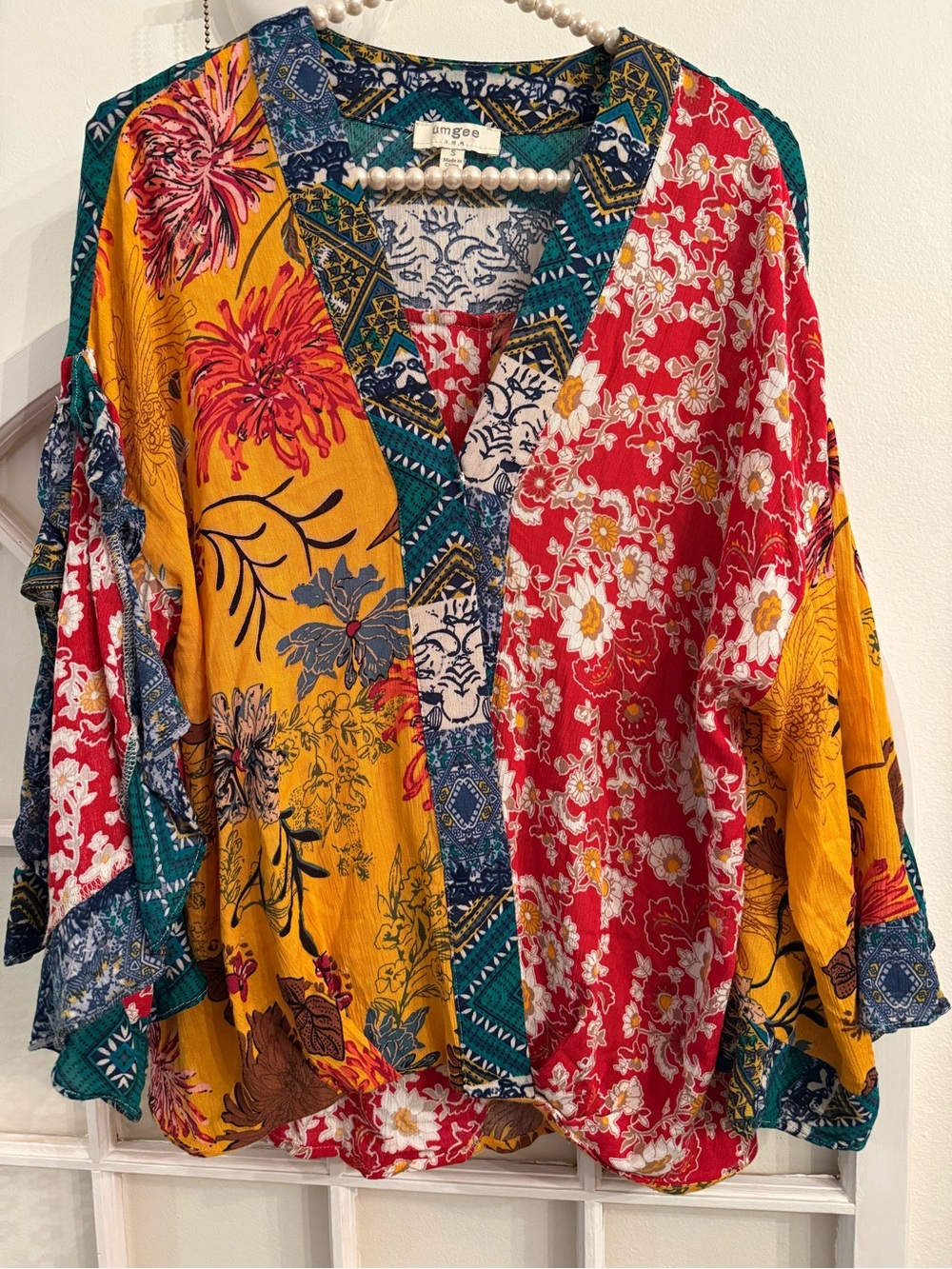 Umgee Boho Mixed Print Patchwork Floral Ruffle Blouse Yellow Red Size S